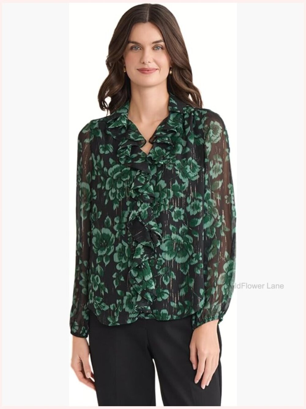 Long Sleeve Ruffle Front Printed Blouse Size M